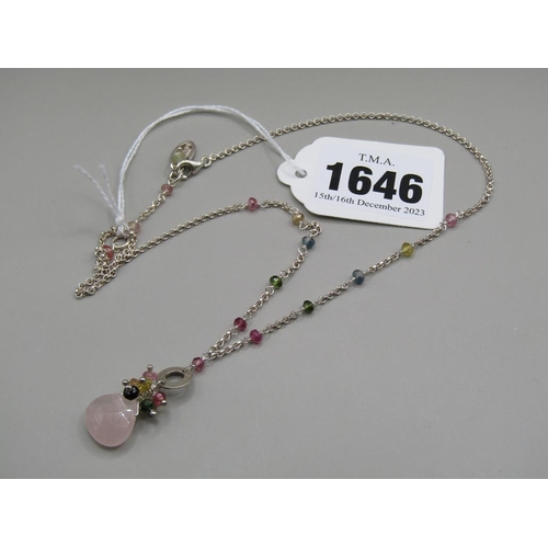 1646 - SILVER ROSE QUARTZ GEM SET NECKLACE