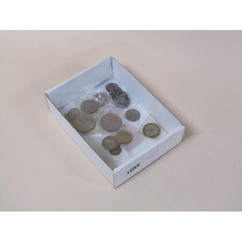 1680 - BOX OF MIXED COINS TO INCL 1920'S SILVER CROWNS