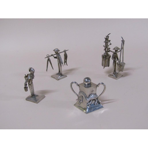 1714 - ORIENTAL SILVER FIGURES AND A TWO HANDLED ORIENTAL SILVER PEPPER