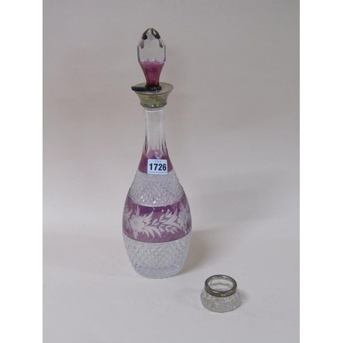 1726 - SILVER NECKED RUBY AND CUT GLASS DECANTER AND A SILVER TOPPED SALT