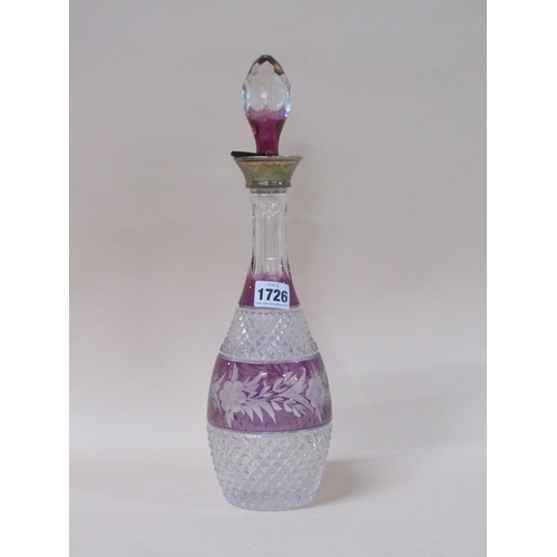 1726 - SILVER NECKED RUBY AND CUT GLASS DECANTER AND A SILVER TOPPED SALT