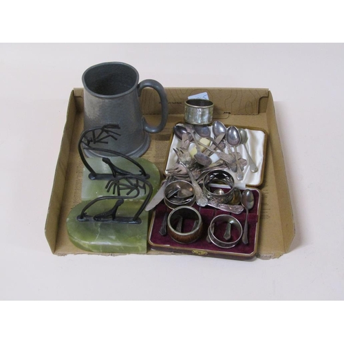 1739 - SILVER PLATED CUTLERY PLUS SILVER NAPKIN RINGS, PEWTER TANKARD AND BOOKENDS