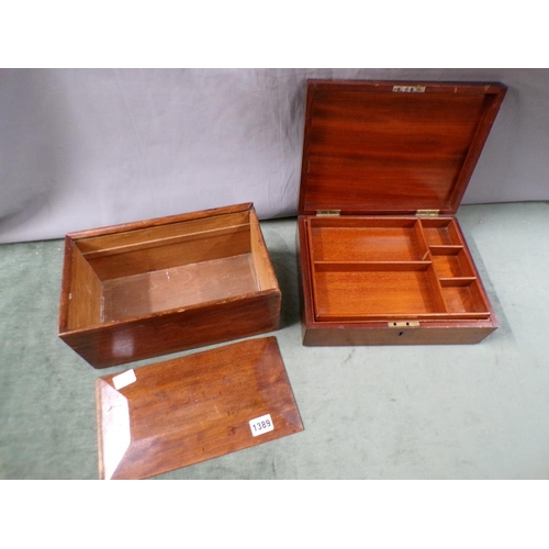 1389 - TWO MAHOGANY BOXES, ONE WITH SLIDING COVER, BOTH APPX 32cms W