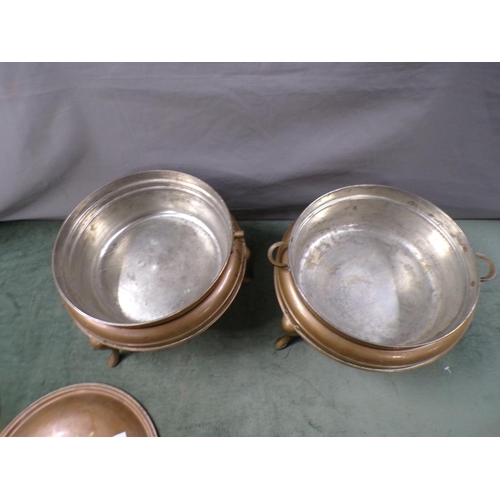 1414 - TWO COPPER COOKING POTS WITH COVERS AND STANDS