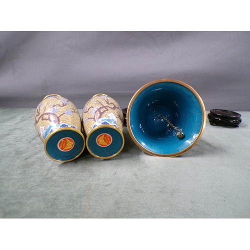 1427 - PAIR OF CLOISONNE BLAUSTER VASES, 19CM H ON STANDS; HAND BELL