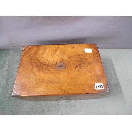 1452 - VICTORIAN FIGURED WALNUT WRITING BOX, 35CM W