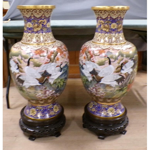 1458 - PAIR OF LARGE CLOISONNE BALUSTER VASES, 77CMH WITH WOODEN STANDS