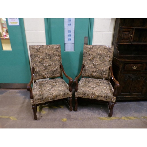 1903 - PAIR OF OAK FRAMED UPHOLSTERED OPEN ARMCHAIRS, SEATS 66cms W