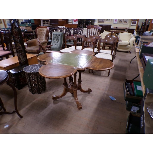 1921 - VICTORIAN WALNUT LEATHER TOPPED CARD/GAMES TABLE 120cms W WITH FLAPS OPEN