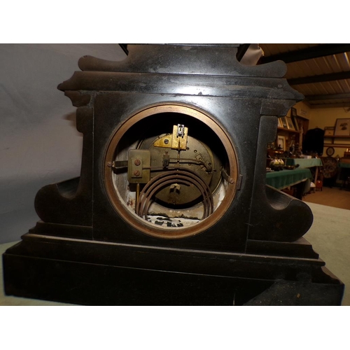 1483 - EDWARDIAN PERIOD BLACK SLATE MANTEL CLOCK, 36CM H