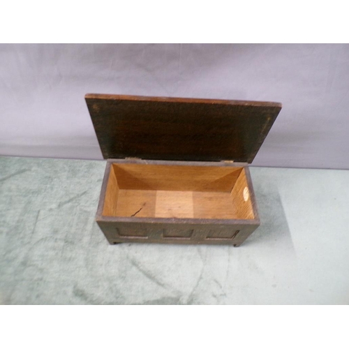 1485 - MINIATURE OAK THREE PANEL COFFER BOX, 23CM W