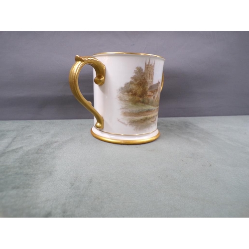 1778 - LATE 19c ROYAL WORCESTER HAND PAINTED LOVING CUP - A/F TO BASE 13cms H