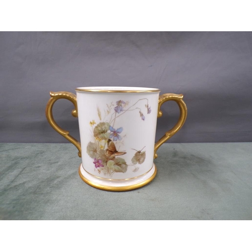 1778 - LATE 19c ROYAL WORCESTER HAND PAINTED LOVING CUP - A/F TO BASE 13cms H