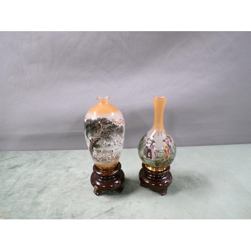 1801 - TWO ORIENTAL DECORATIVE GLASS VASES ON STANDS, VASE 13cms H