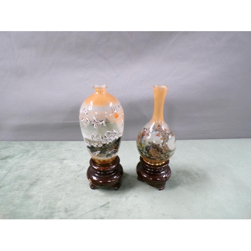 1801 - TWO ORIENTAL DECORATIVE GLASS VASES ON STANDS, VASE 13cms H