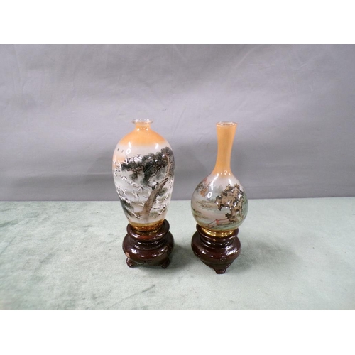 1801 - TWO ORIENTAL DECORATIVE GLASS VASES ON STANDS, VASE 13cms H