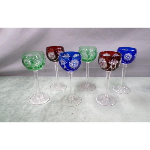 1816 - SET OF SIX BOHEMIAN HARLEQUIN WINES - 20cms H