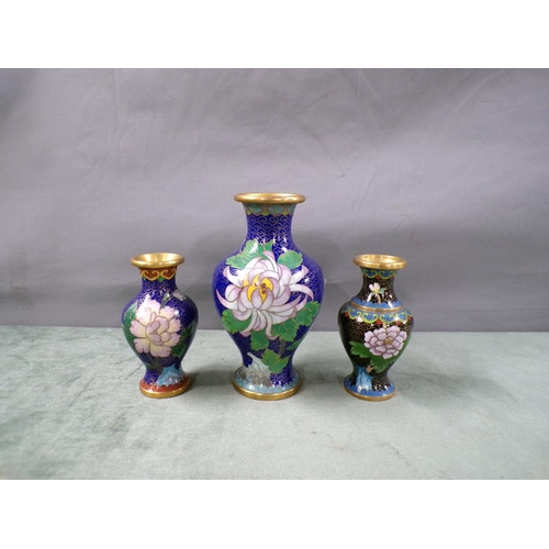 1817 - THREE ORIENTAL CLOISONNE VASES, 16cms LARGEST H