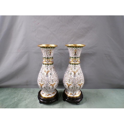 1856 - PAIR OF ORIENTAL CLOISONNE FOLIATE DECORATED BALUSTER VASES 46cms H