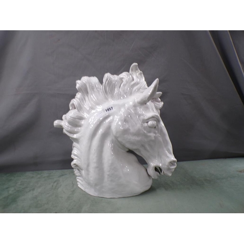 1857 - LARGE WHITE GLAZED ART POTTERY SCULPTURE OF A HORSES HEAD, 49cms H