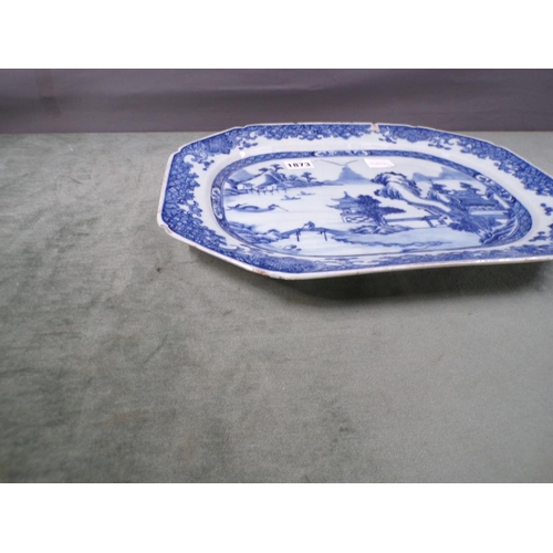 1873 - ORIENTAL BLUE AND WHITE PLATTER A/F 39cms W