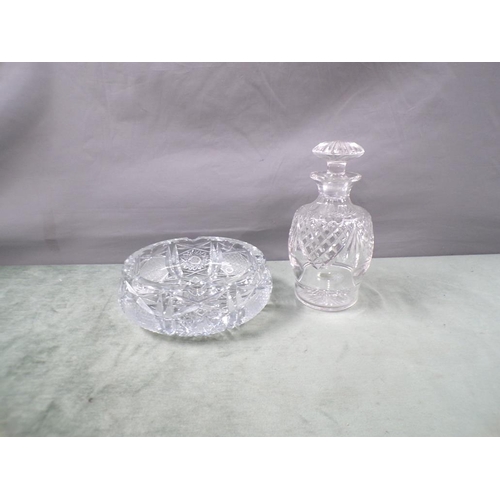 1878 - CRYSTAL ASHTRAY; DECANTER, 22CM H AND STOPPER