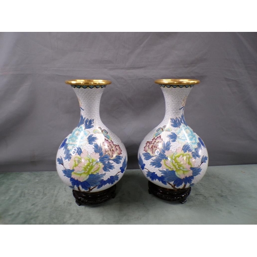 1888 - PAIR OF ORIENTAL CLOISONNE VASES ON STANDS DECORATED WITH BLOSSOM AND INSECTS, 36CM H