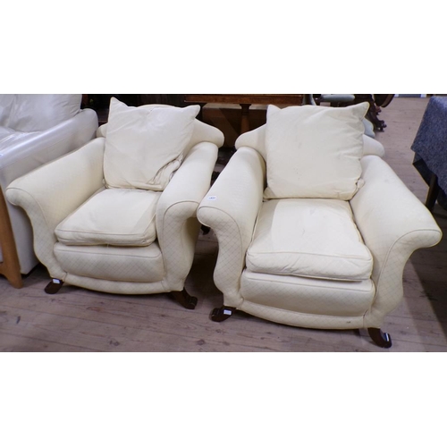 1937 - PAIR OF UPHOLSTERED SCROLL FRAMED ARMCHAIRS