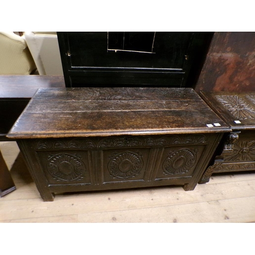 1950 - 18C CARVED OAK COFFER, 118CM W