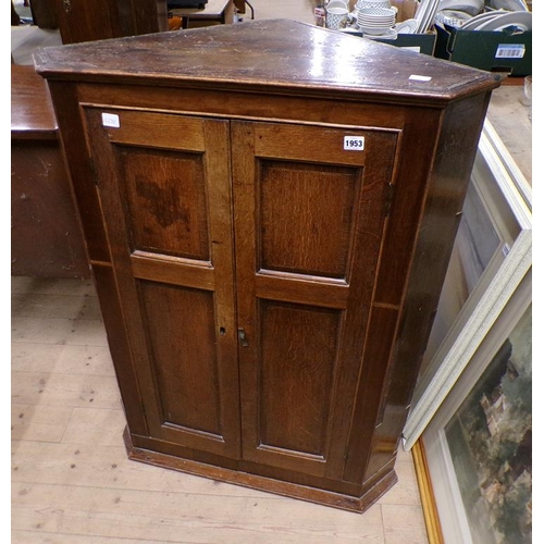 1953 - OAK INLAID CORNER CABINET, 84CM W, 113CM H