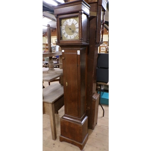 1319 - BILLINGTON OF HARBOROUGH OAK LONGCASE CLOCK WITH SQUARE GILT AND SILVERED DIAL, 193CM H