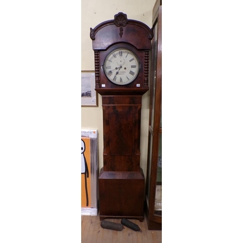 1320 - 19C FIGURE MAHOGANY LONGCASE CLOCK WITH WHITE PAINTED CIRCULAR DIAL, B THOMAS OF CARDIFF, 212CM H