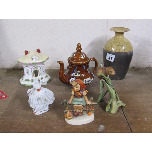 47 - COLLECTION OF PORCELAIN AND POTTERY TO INCL STUDIO POTTERY VASE, COALPORT PASTEL BURNER