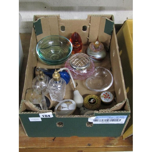 104 - BOX OF GLASSWARE TO INCL ART GLASS, ENAMEL BOXES; CUTLERY