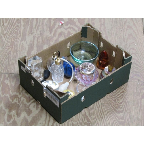 104 - BOX OF GLASSWARE TO INCL ART GLASS, ENAMEL BOXES; CUTLERY