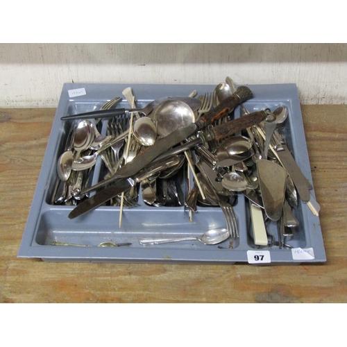 97 - COLLECTION OF SILVER PLATED CUTLERY, HORN HANDLED CARVING SET