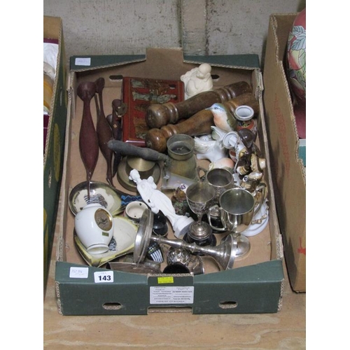 143 - BOX OF PORCELAIN TEAWARES, ORIENTAL ITEMS, SILVER PLATE