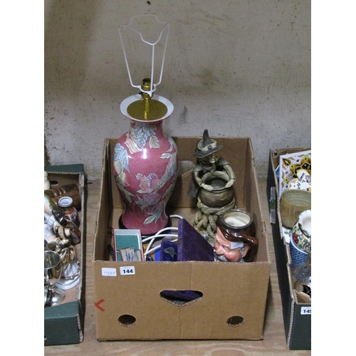 144 - BOX OF MIXED CERAMICS - ORIENTAL LAMPS, STUDIO POTTERY ETC