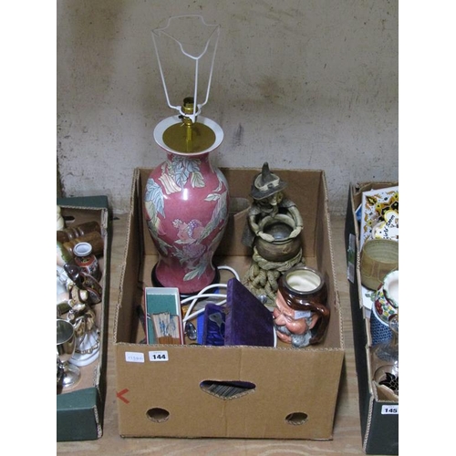 144 - BOX OF MIXED CERAMICS - ORIENTAL LAMPS, STUDIO POTTERY ETC