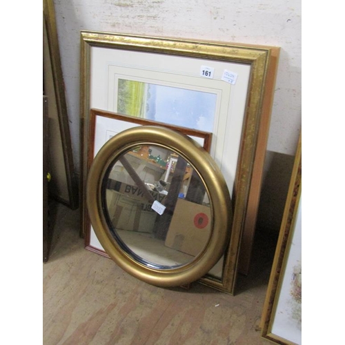 161 - COLLECTION OF FRAMED WATERCOLOURS AND PRINTS; GILT FRAMED MIRROR