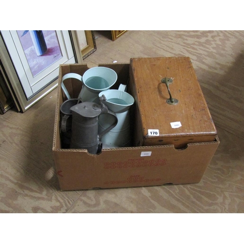 170 - MIXED SILVER PLATE IN TEAK BOX, MILK JUGS AND PEWTER