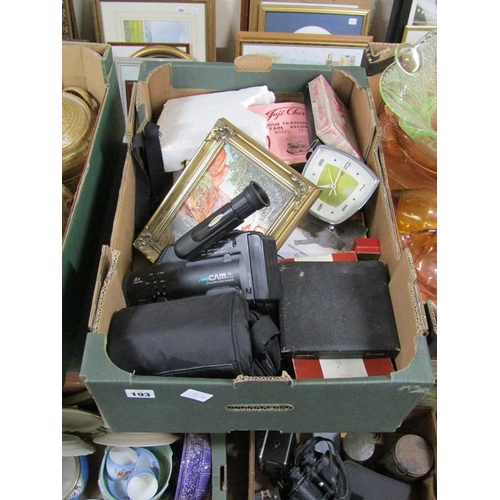 193 - BOX OF MISC TO INCL VINTAGE CLOCKS, CAMERAS ETC