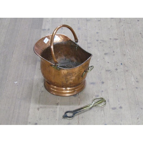 197 - BRASS COAL SCUTTLE AND TONGS