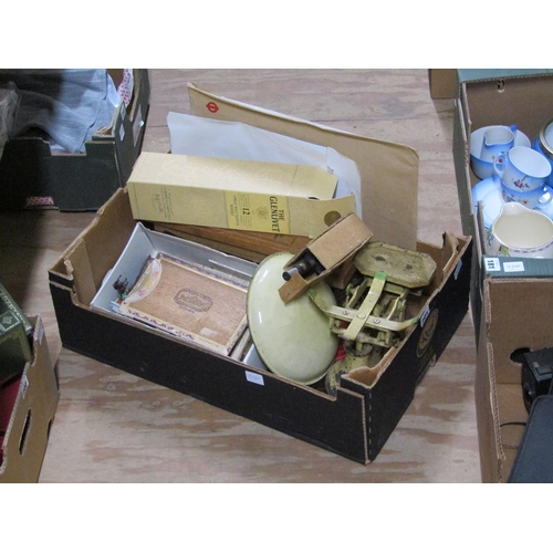 201 - BOX OF MISC TO INCL CIGAR BOX, SCALES AND WEIGHTS ETC