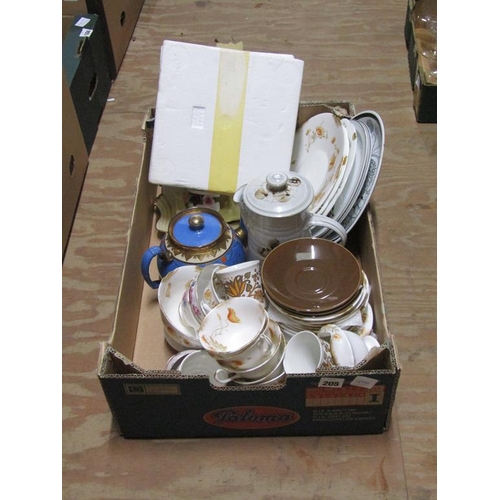 205 - BOX OF TEAWARES, COLLECTORS PLATES ETC