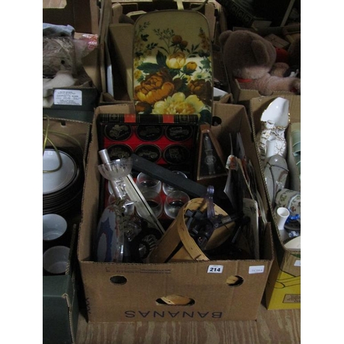 214 - BOX OF MIXED GLASSWARE, METRONOME ETC