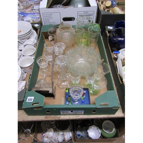 233 - BOX OF MIXED GLASSWARE, SILVER PLATED LAMP STAND