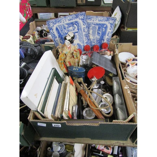 242 - BOX OF MISC TO INCL PLATEMATS, SILVER PLATE ORNAMENTS