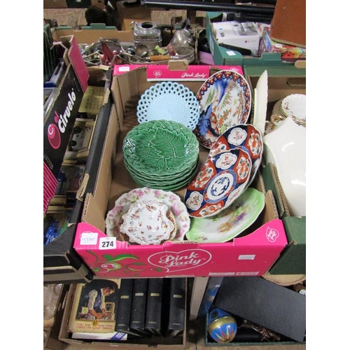 274 - BOX OF MIXED CHINA - IMARI PLATES, MAJOLICA PLATES ETC