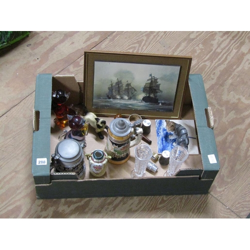 288 - BOX TO INCL STEINS, ART GLASS CATS, ORNAMENTS ETC